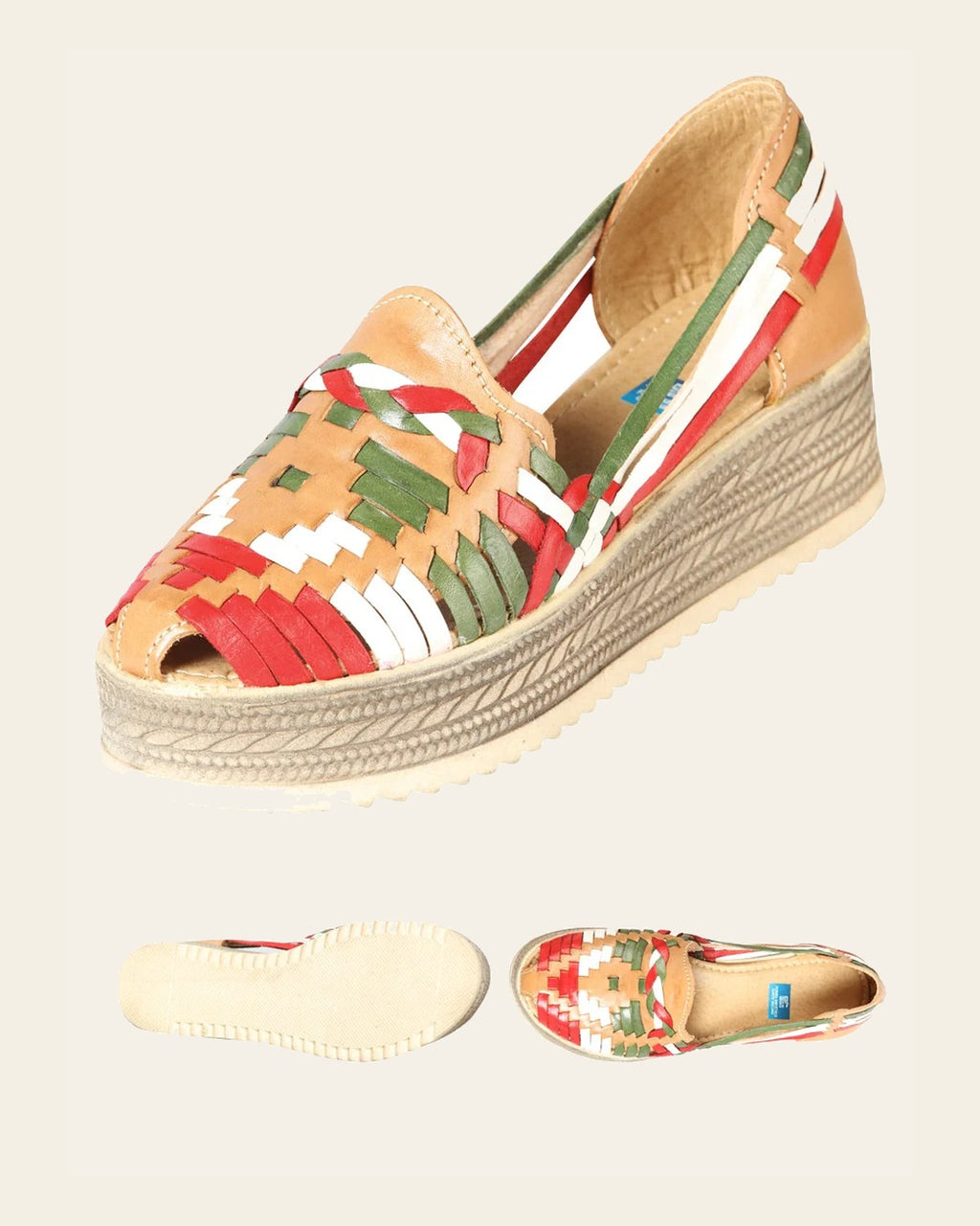 Mexican Artisanal Sandals Leather Tricolor 603942 on a warm cream background