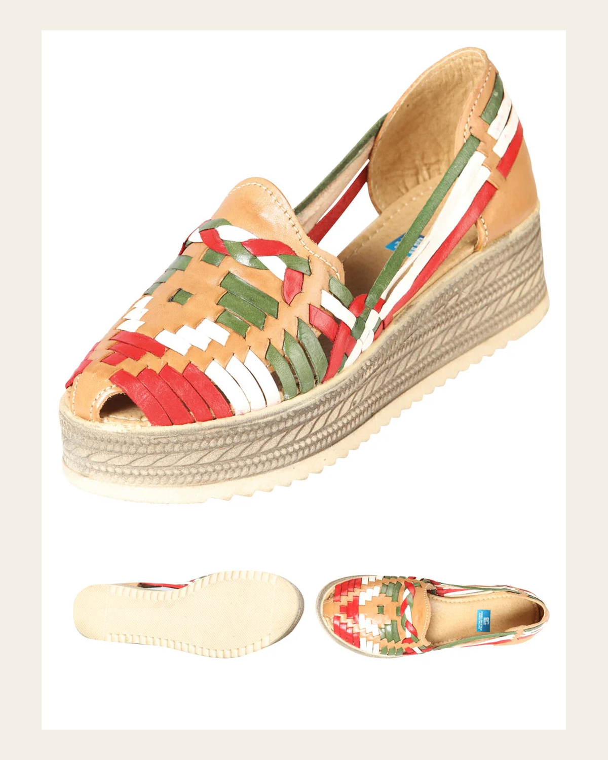Mexican Artisanal Sandals Leather Tricolor 603942 on a warm cream background