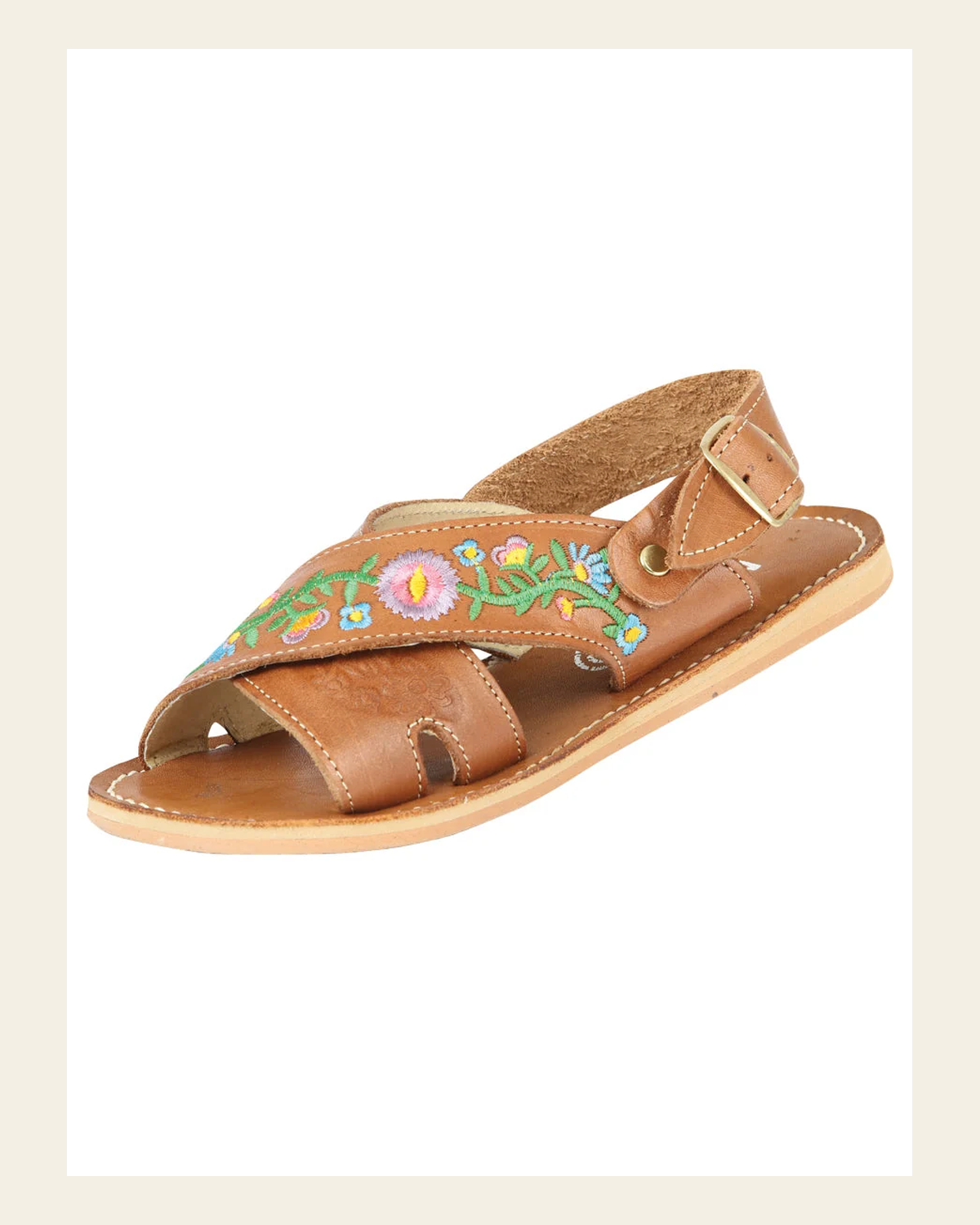 Mexican Artisanal Sandals Leather Walnut 604018 on a warm cream background