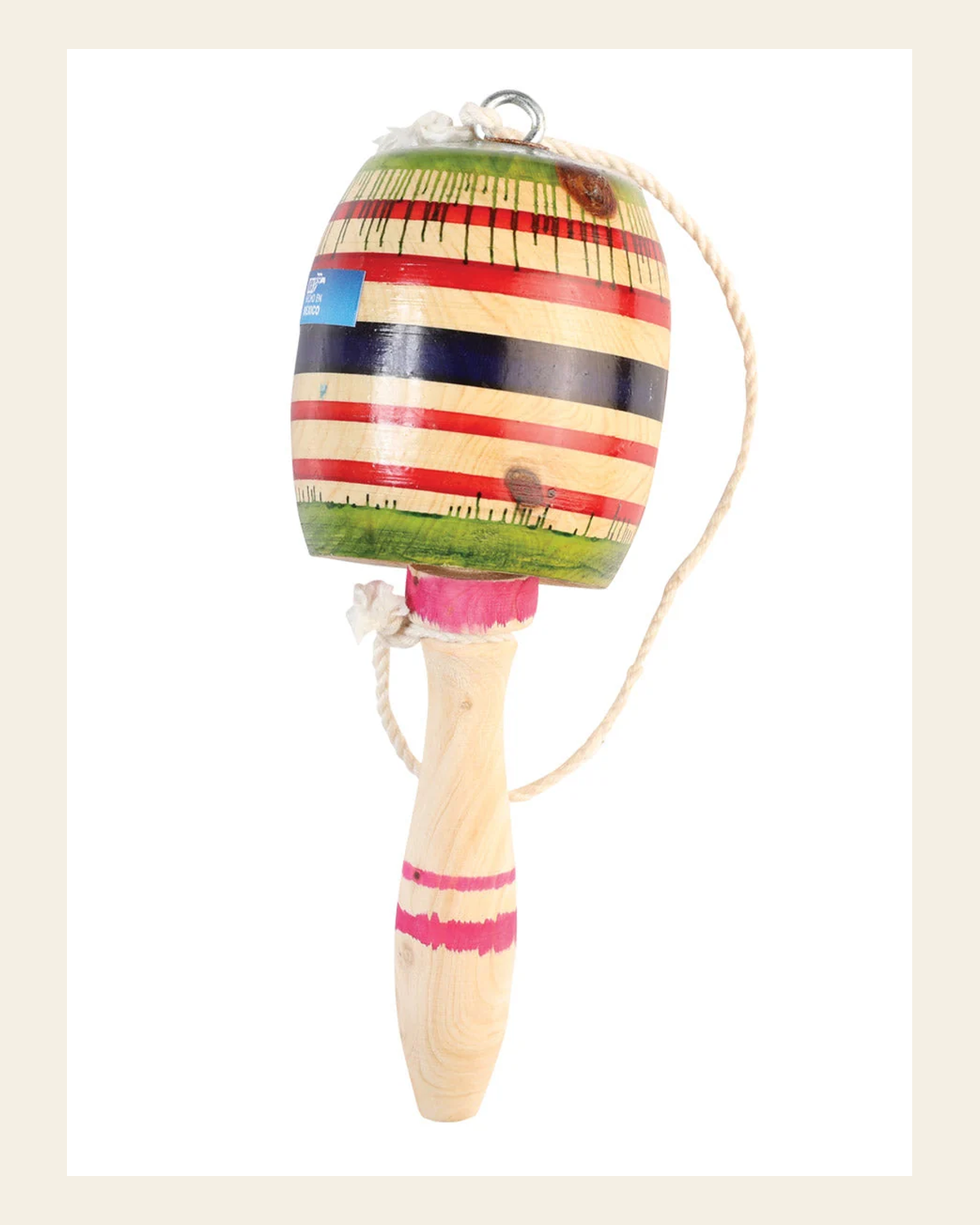 Mexican Artisanal Toy Balero Wood Multicolor 602409 on a warm cream background