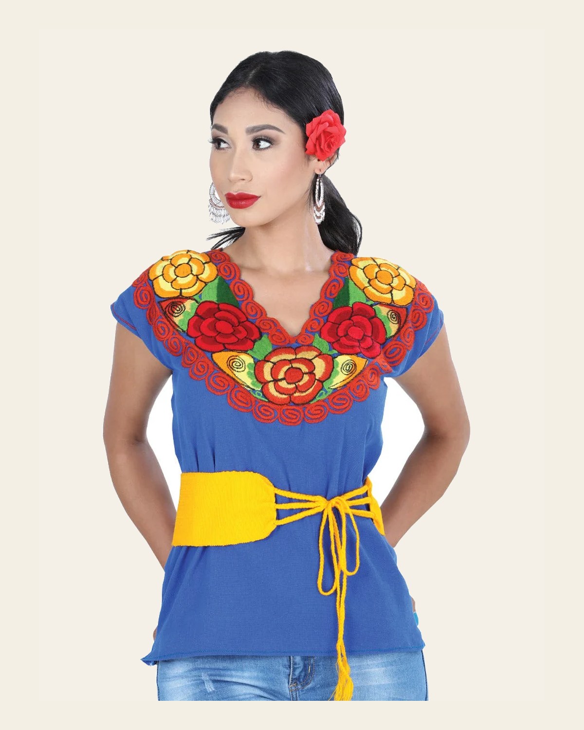 Mexican Artisanal Traditional Belt Yellow 601448 on a warm cream background