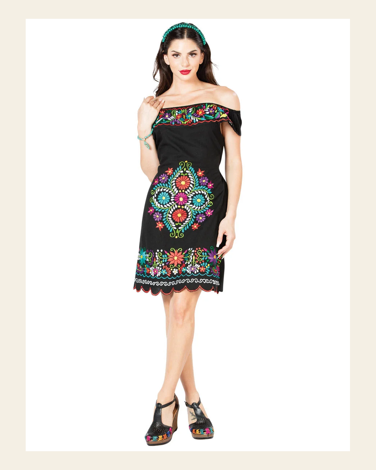 Artisanal Embroidered Dress 100% Cotton Black 603089 on a warm cream background