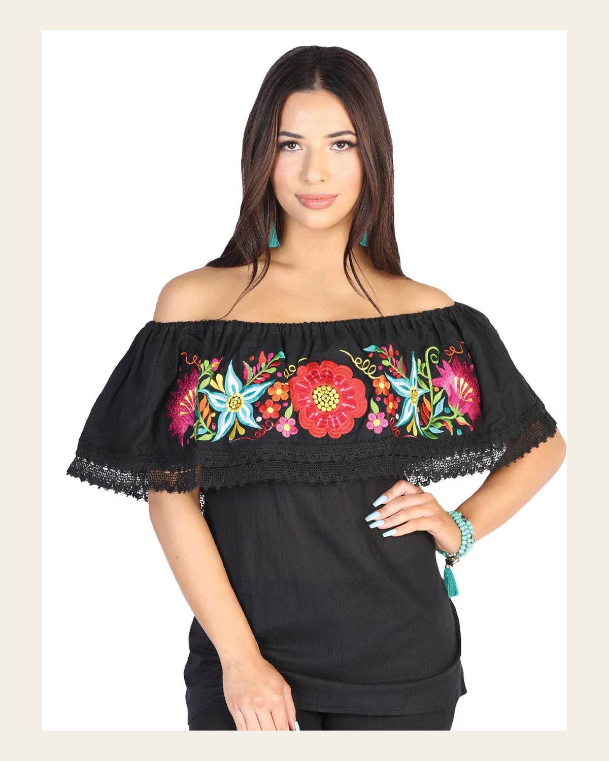 Mexican Embroidered Blouse 50% Cotton, %50 Polyester Black 602473 on a warm cream background