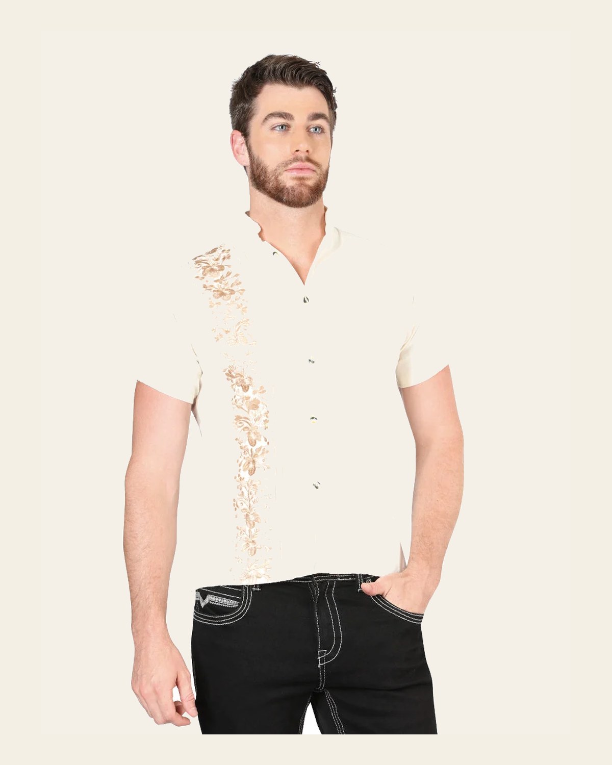 Mexican Embroidered Guayabera 100% Cotton Beige 604004 on a warm cream background