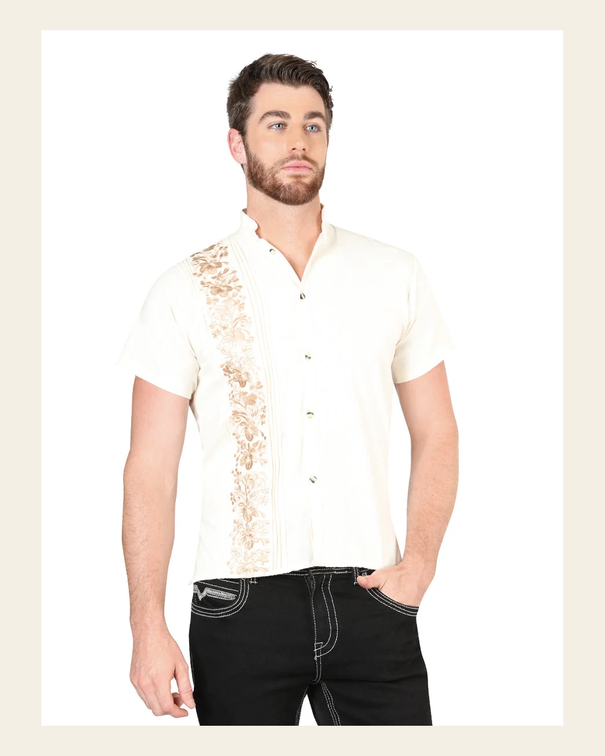 Mexican Embroidered Guayabera 100% Cotton Beige 604004 on a warm cream background