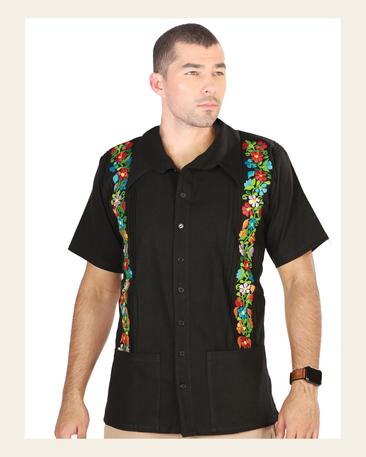 Mexican Embroidered Guayabera 100% Cotton Black 603113 on a warm cream background