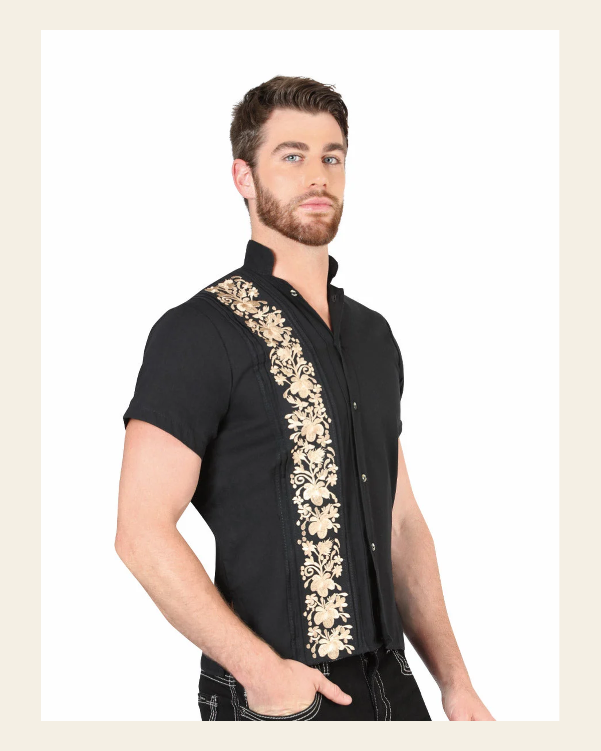 Mexican Embroidered Guayabera 100% Cotton Black 604003 on a warm cream background