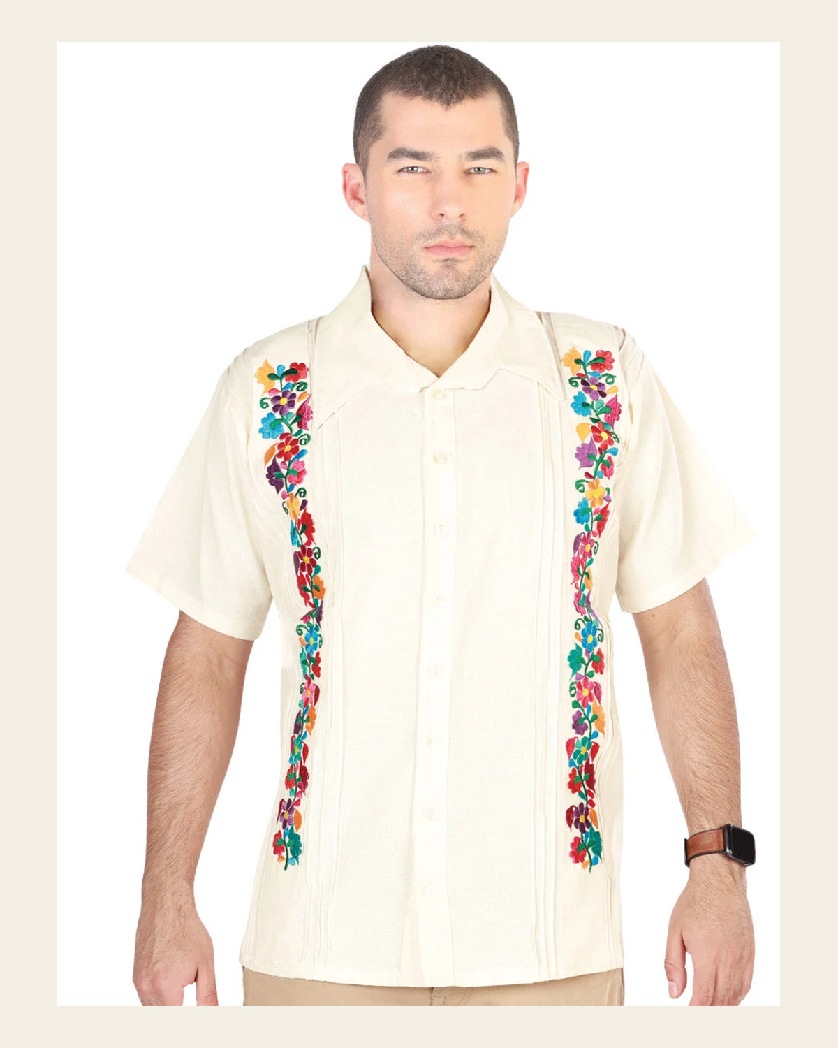 Mexican Embroidered Guayabera 100% Cotton Beige 603112 on a warm cream background