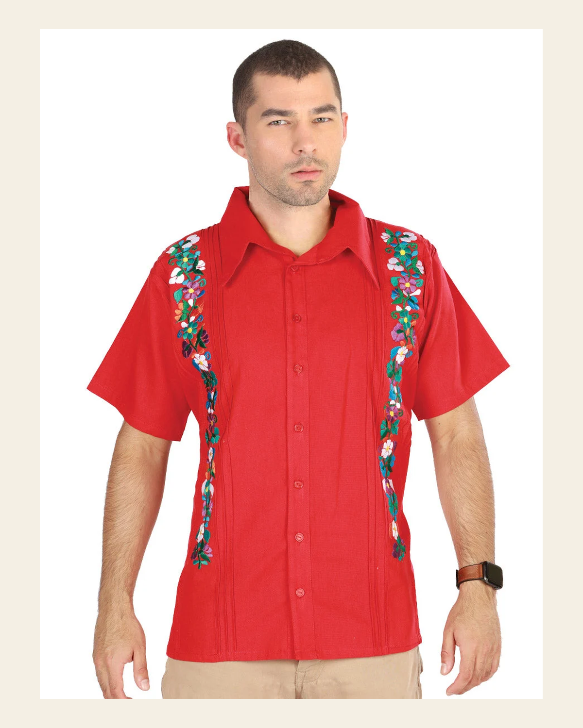 Mexican Embroidered Guayabera 100% Cotton Red 603111 on a warm cream background