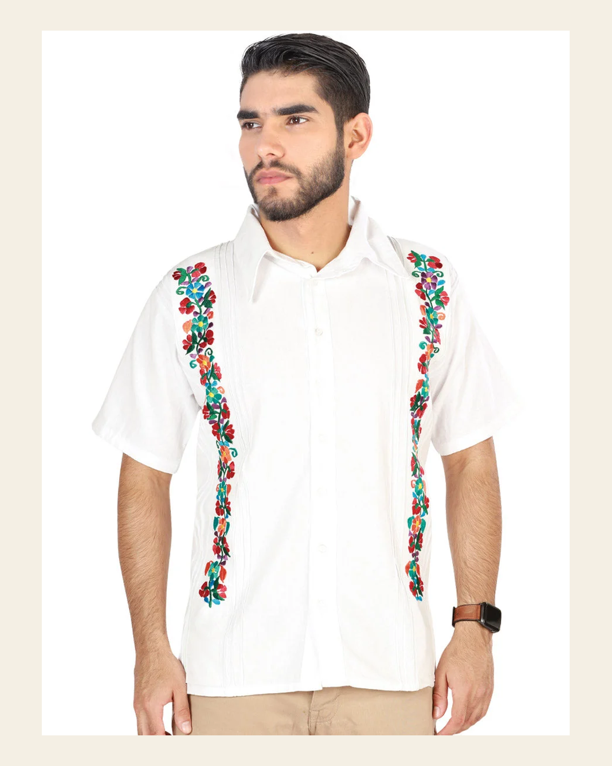 Mexican Embroidered Guayabera 100% Cotton White 603114 on a warm cream background