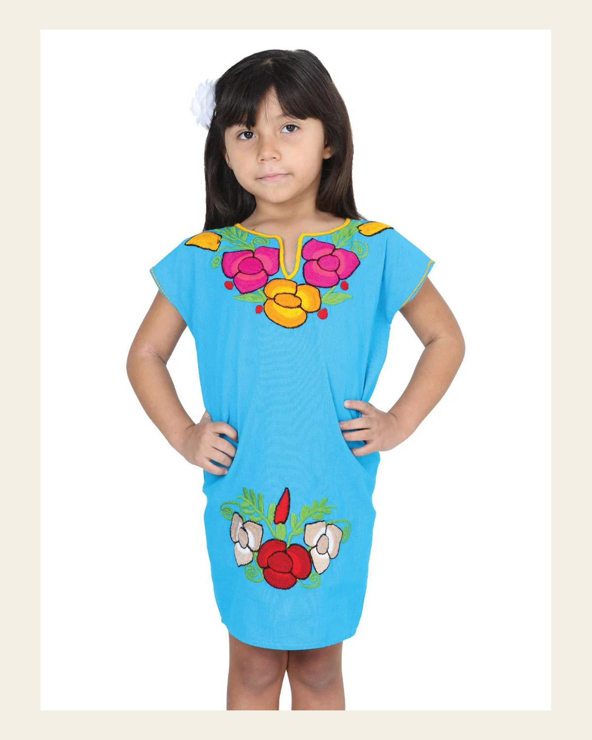 Artisanal Embroidered Dress 50% Cotton, 50% Polyester Blue 601660 on a warm cream background