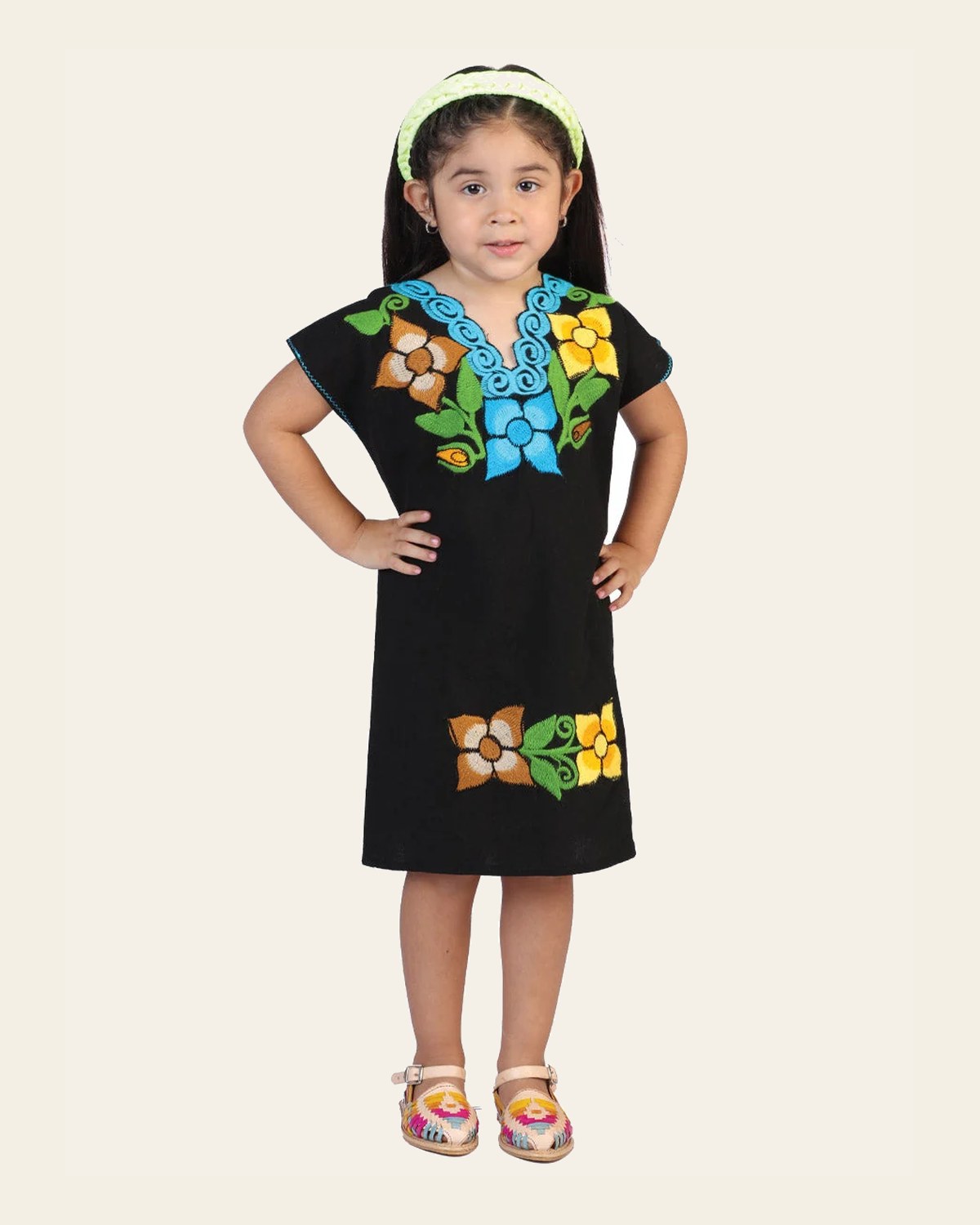 Artisanal Embroidered Dress 50% Cotton, 50% Polyester Black 601665 on a warm cream background