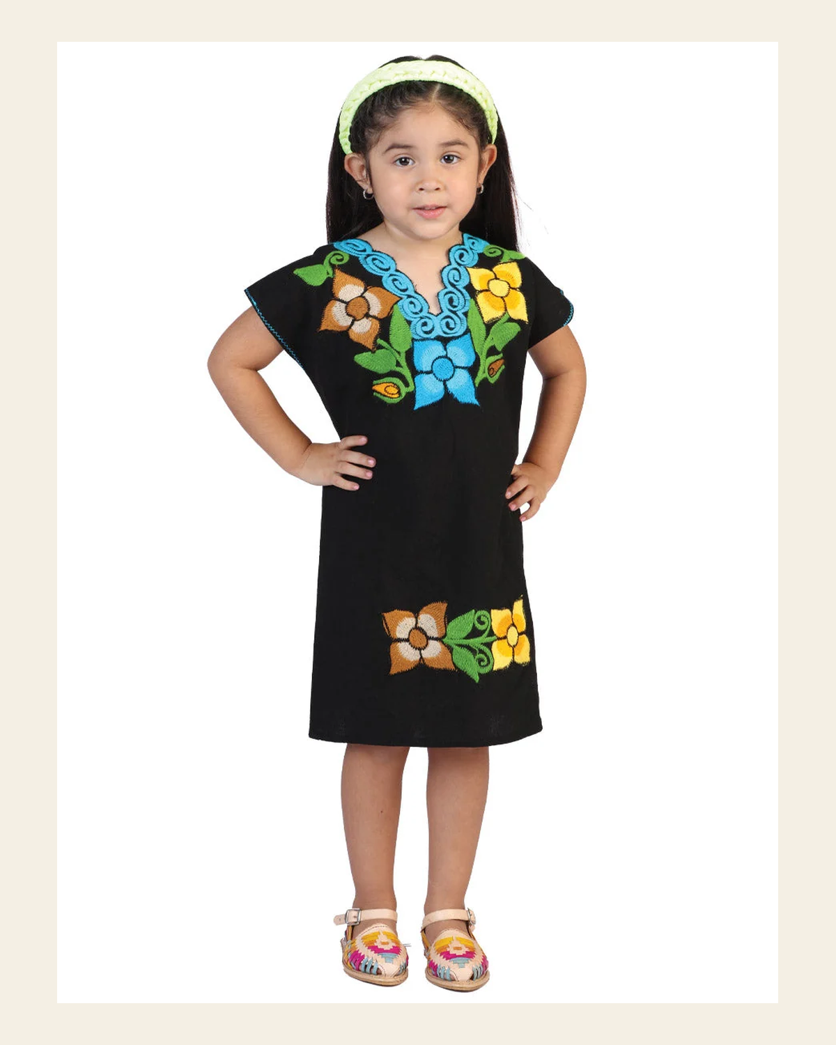 Artisanal Embroidered Dress 50% Cotton, 50% Polyester Black 601665 on a warm cream background