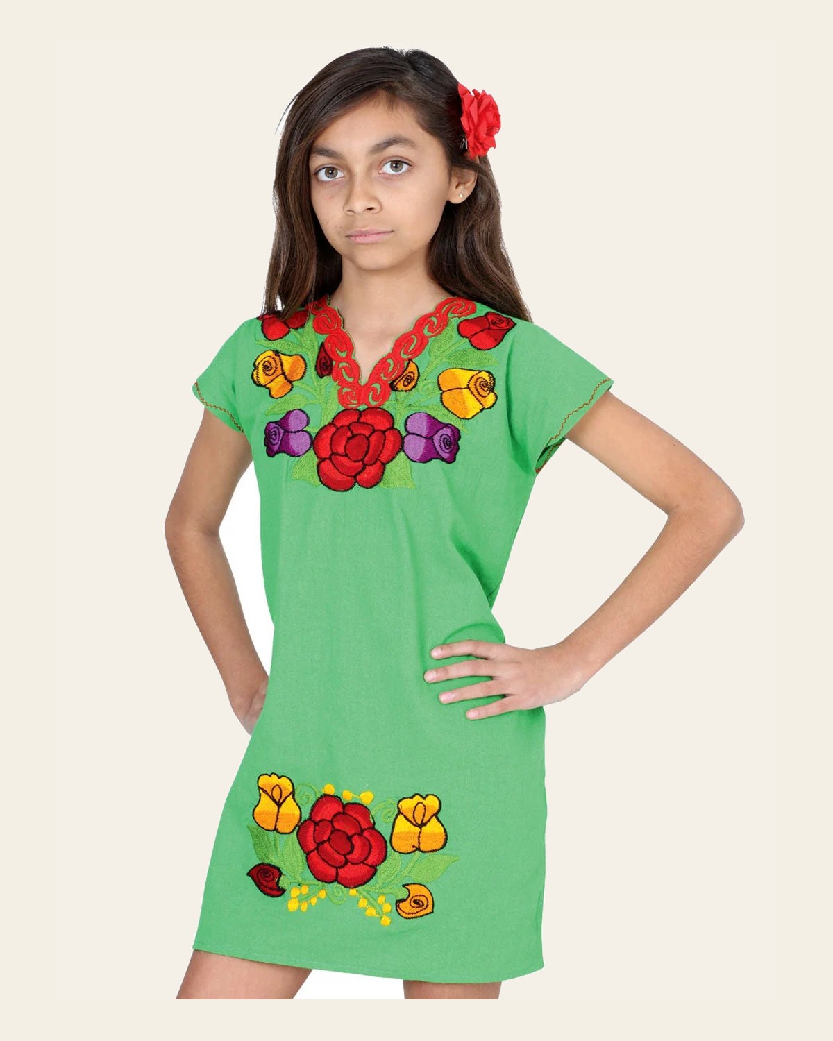 Artisanal Embroidered Dress 50% Cotton, 50% Polyester Green 601663 on a warm cream background