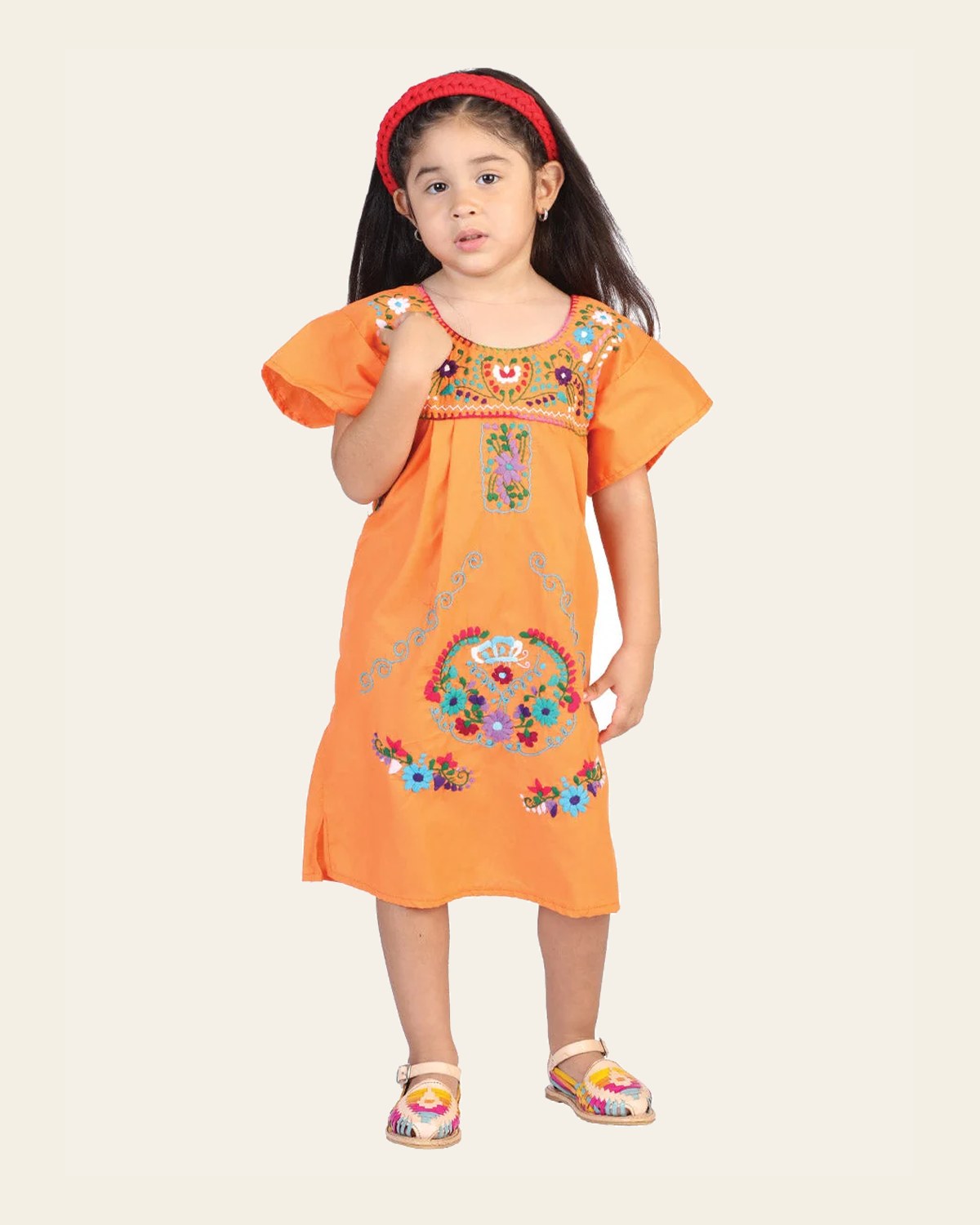 Artisanal Embroidered Dress 50% Cotton, 50% Polyester Orange 601621 on a warm cream background