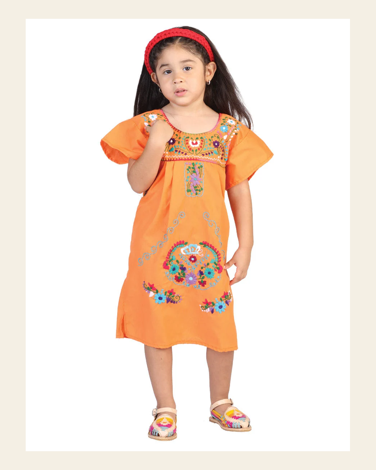 Artisanal Embroidered Dress 50% Cotton, 50% Polyester Orange 601621 on a warm cream background