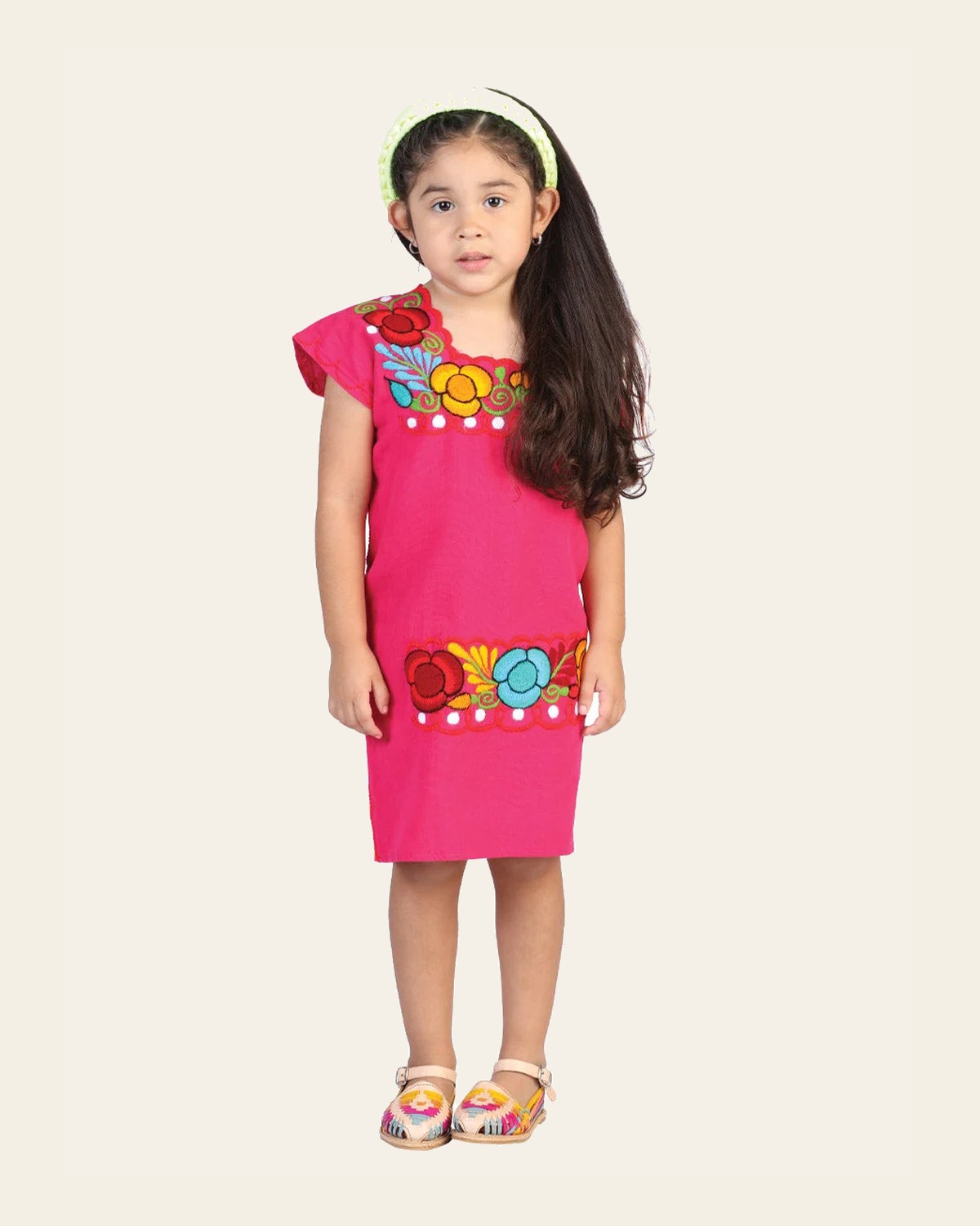 Artisanal Embroidered Dress 50% Cotton, 50% Polyester Pink 601661 on a warm cream background