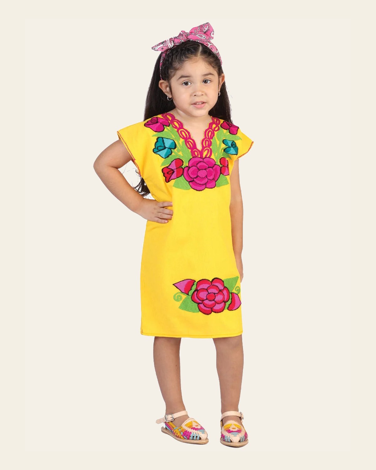 Artisanal Embroidered Dress 50% Cotton, 50% Polyester Yellow 601664 on a warm cream background