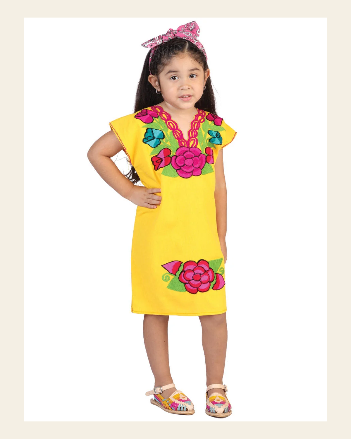 Artisanal Embroidered Dress 50% Cotton, 50% Polyester Yellow 601664 on a warm cream background