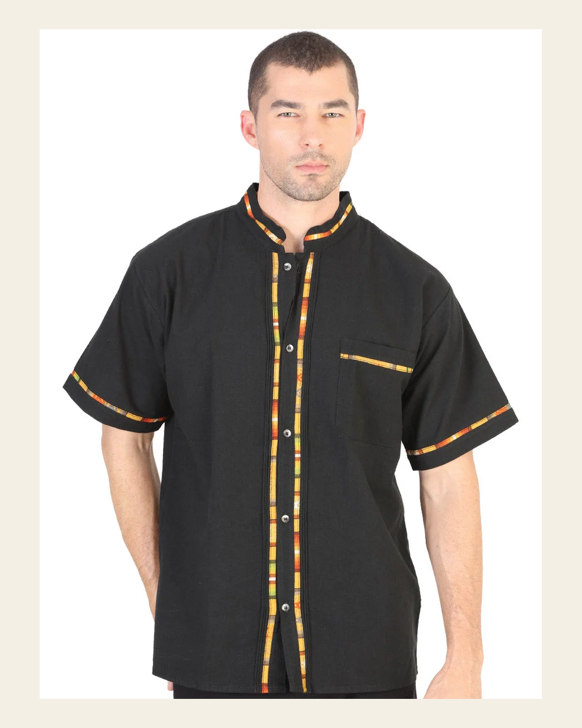 Mexican Artisanal Guayabera100% Cotton Black 601821 on a warm cream background