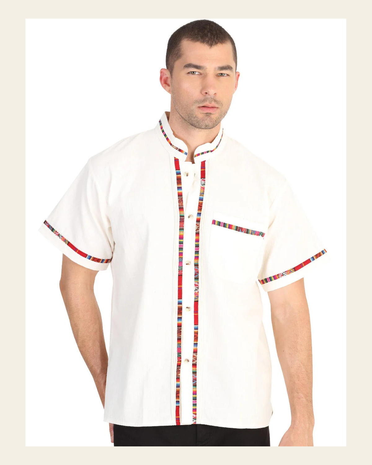 Mexican Artisanal Guayabera100% Cotton Beige 601819 on a warm cream background
