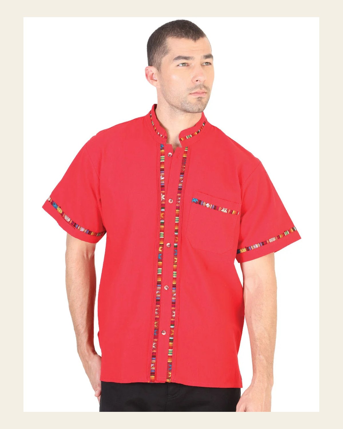 Mexican Artisanal Guayabera100% Cotton Red 601820 on a warm cream background