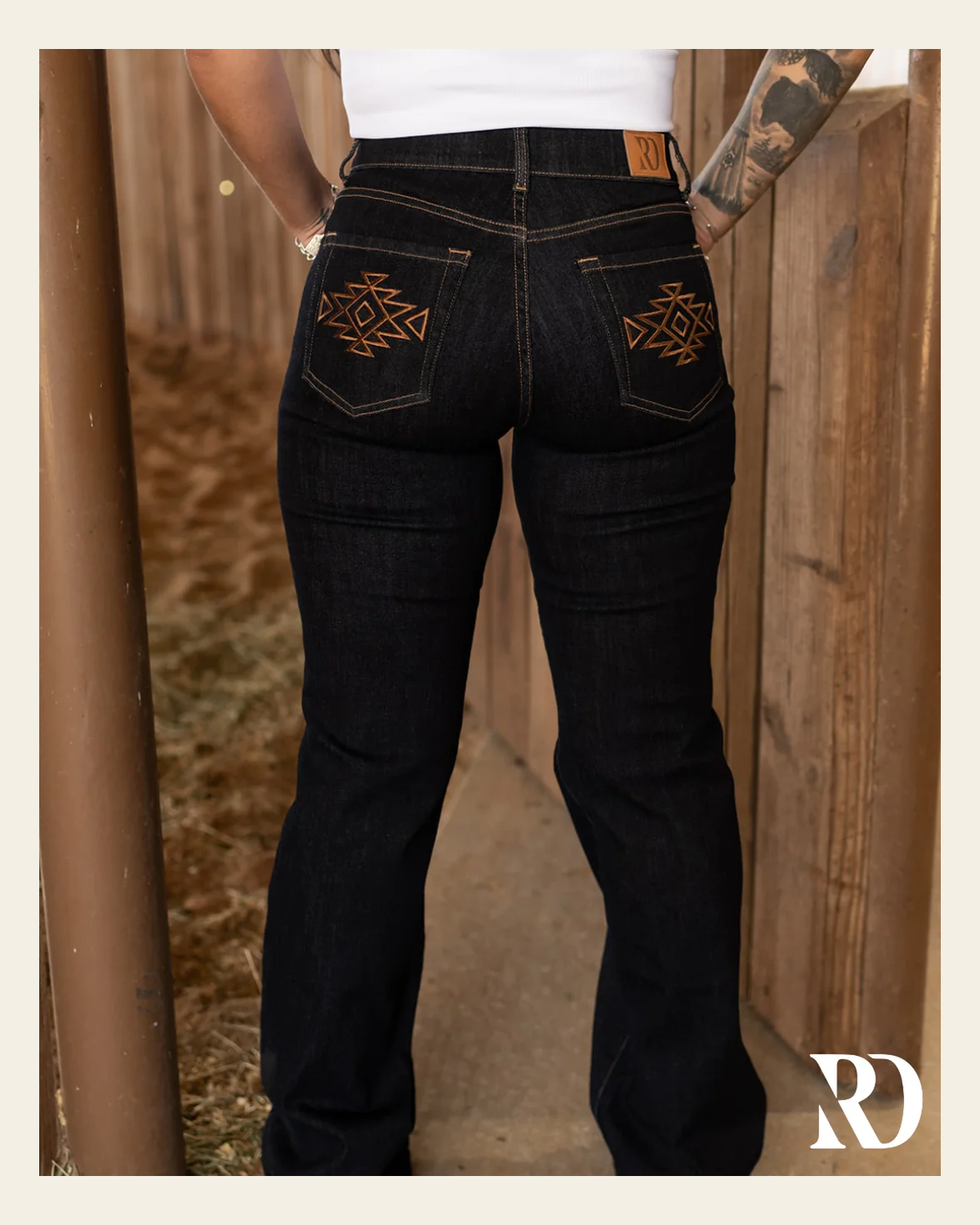 Mia Trouser - Dark Wash on a warm cream background