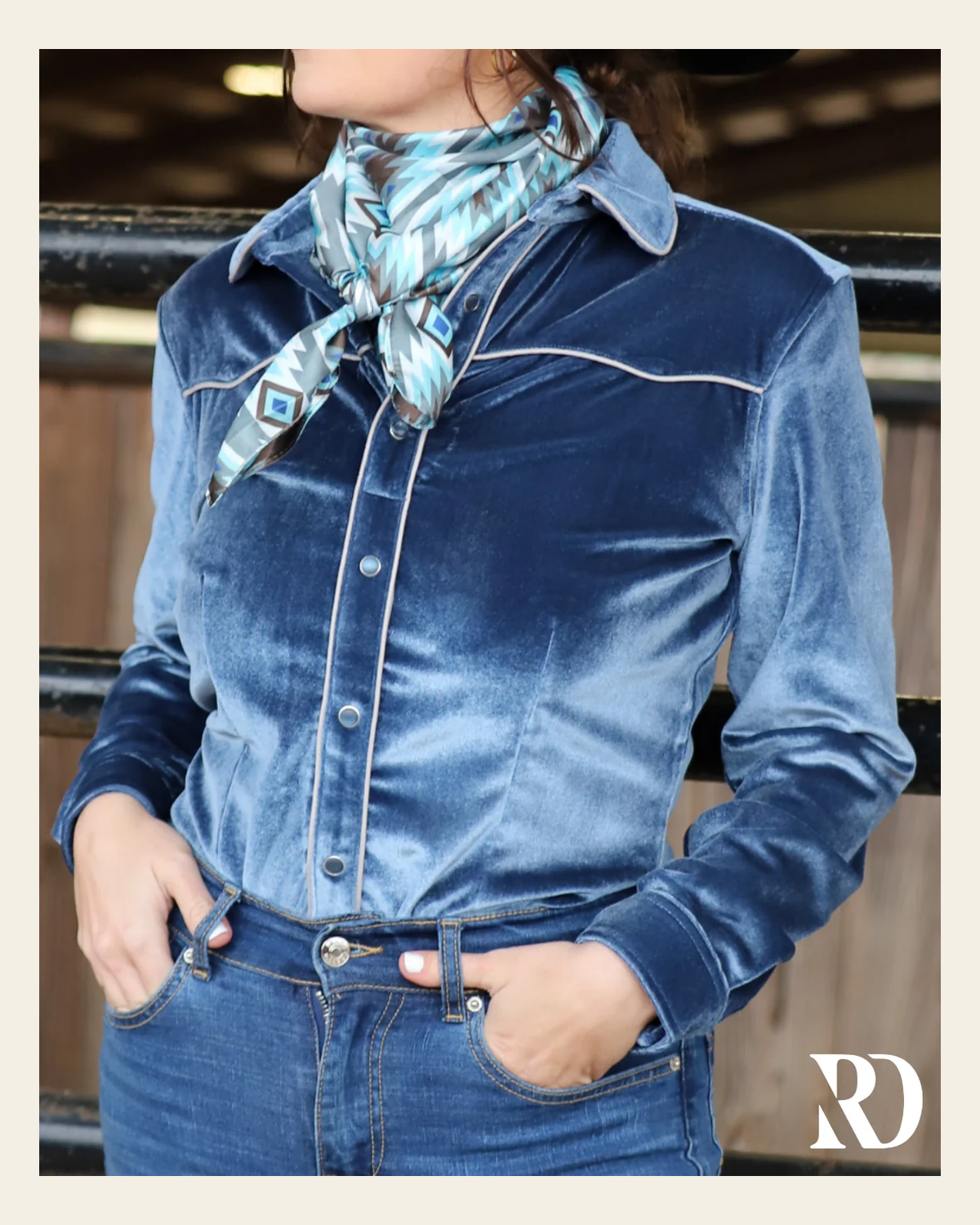 Midnight Blue Velvet Performance Rodeo Shirt on a warm cream background