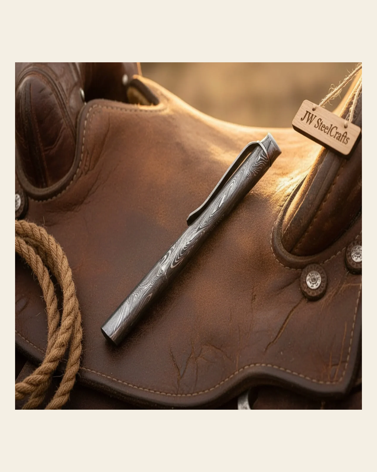 Minimalist Damascus Ballpoint Pen with Monolithic Forged Body on a warm cream background