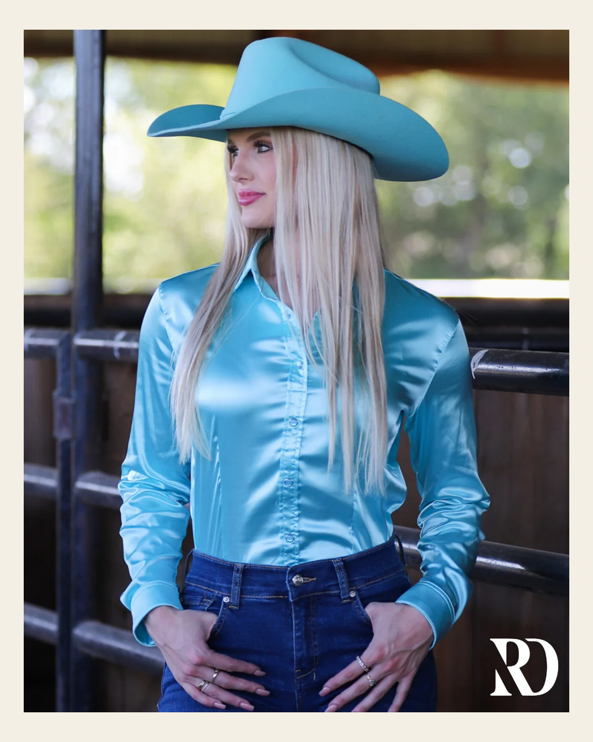 Mint Satin Performance Rodeo Shirt on a warm cream background