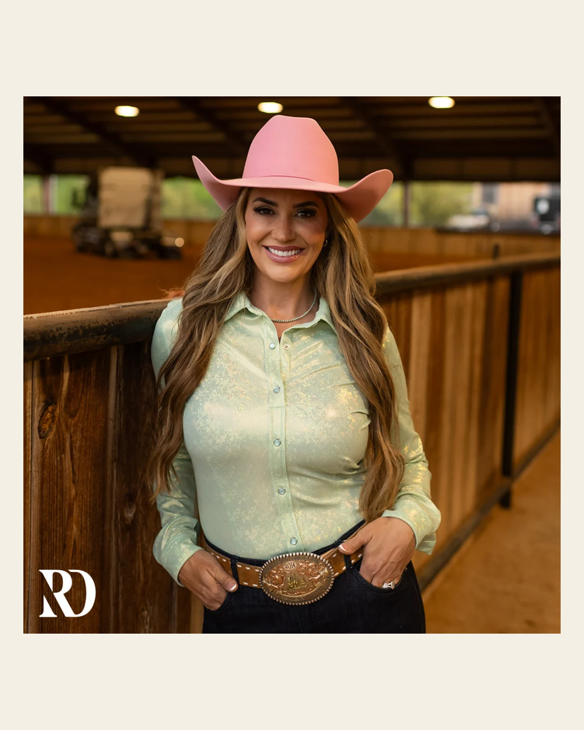 Mint Sparkle Performance Rodeo Shirt on a warm cream background