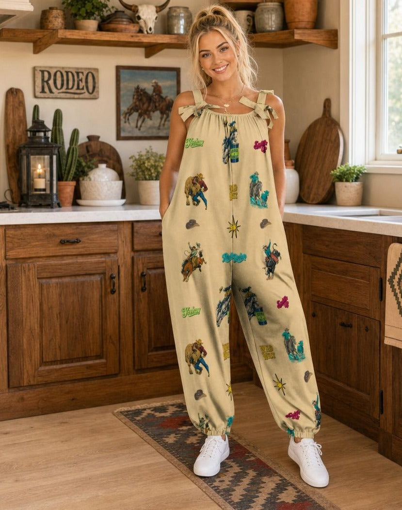 Baha Ranch The Last Roundup Western Rodeo Overalls Jumpsuit - Tan by Baha Ranch Western Wear