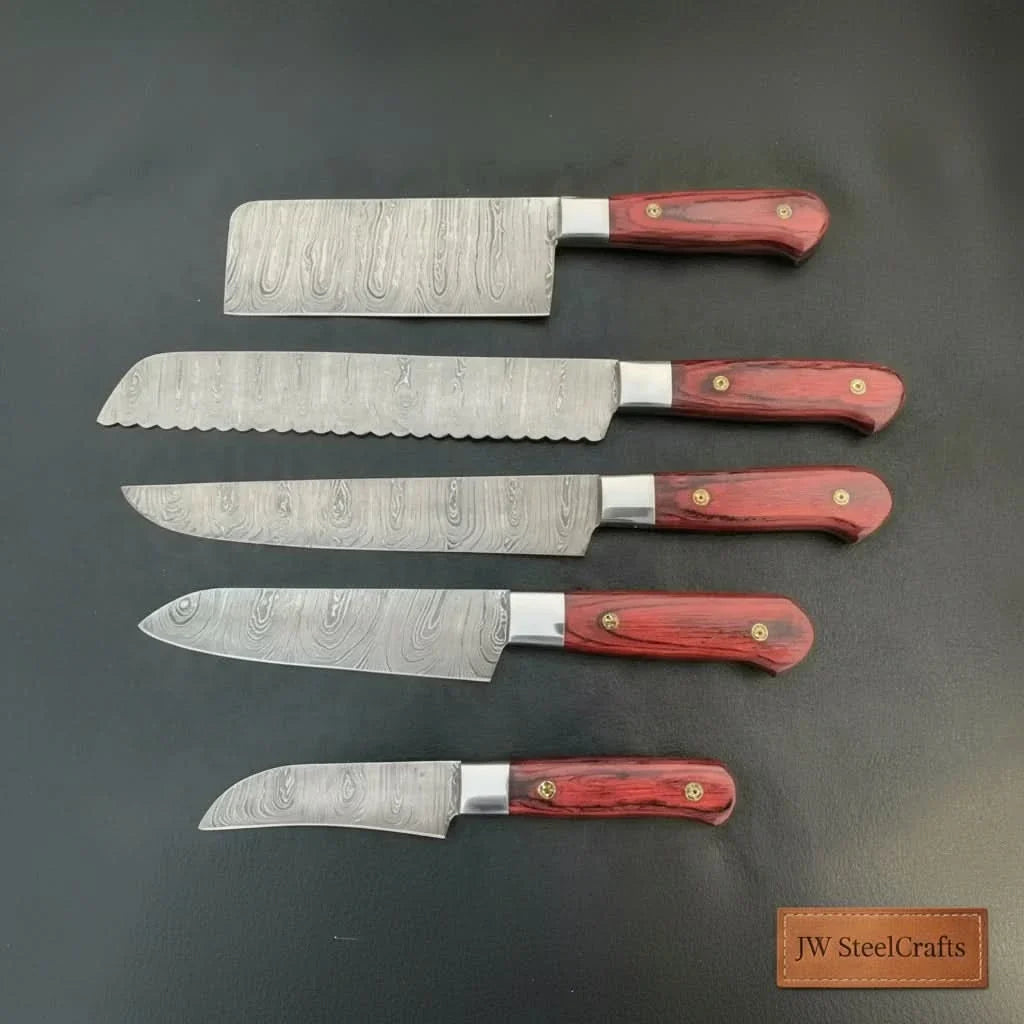 5-Piece Handcrafted Damascus Steel Knife Set: Cleaver, Bread, Chef, Utility, Paring
