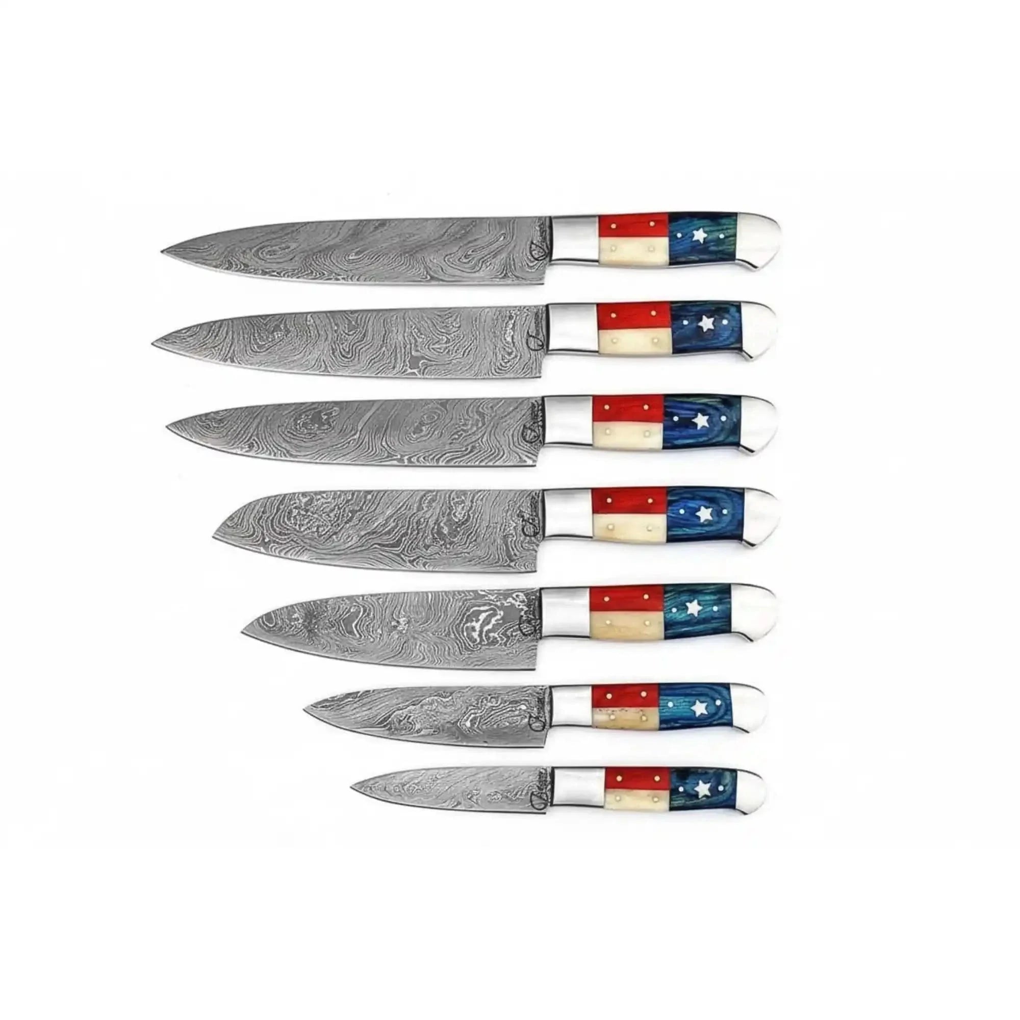 8-Piece Damascus Kitchen Knife Set — Texas Flag Handles, Full Tang Chef, Bread, Santoku, Utility & Paring Knives