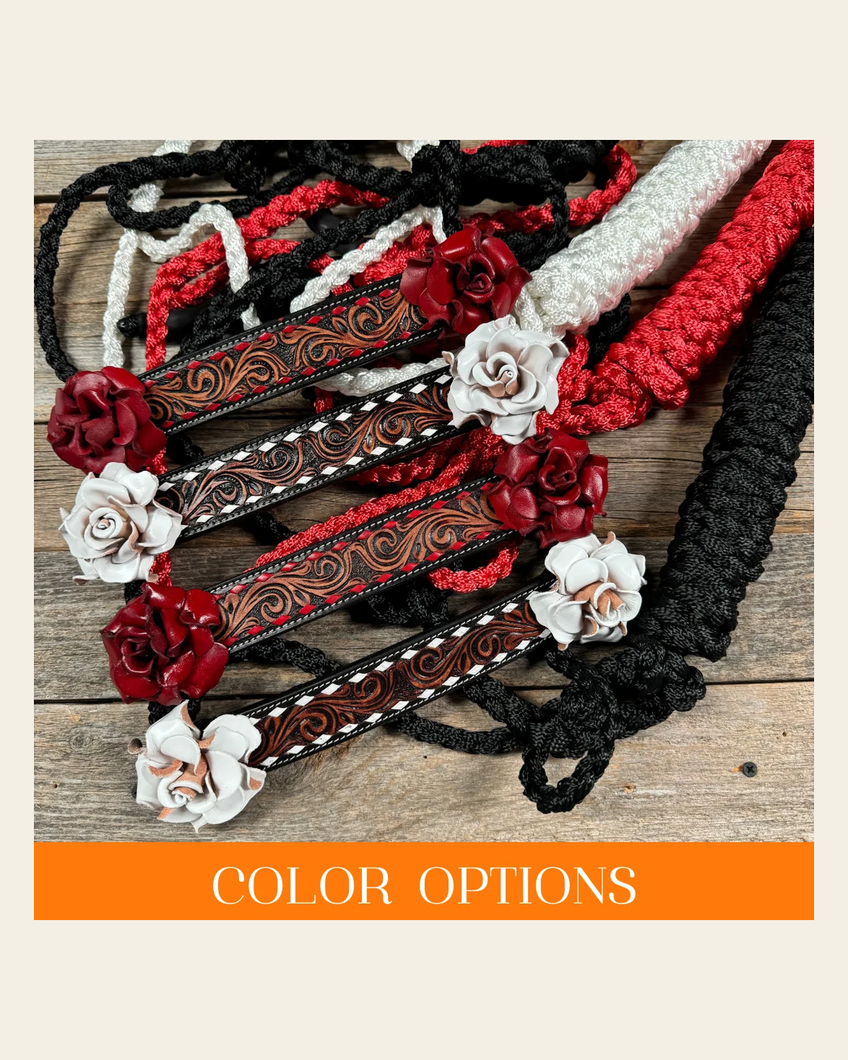 Mule Tape Halter -Leather Noseband - Large Roses on a warm cream background