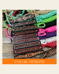 Mule Tape Halter - Leather Buckstitch Noseband - Copper Accents on a warm cream background
