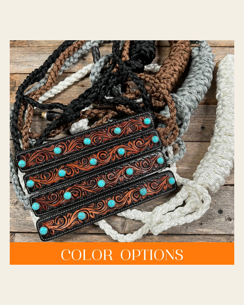 Mule Tape Halter - Leather Noseband and Round Turquoise Cabochon Conchos on a warm cream background