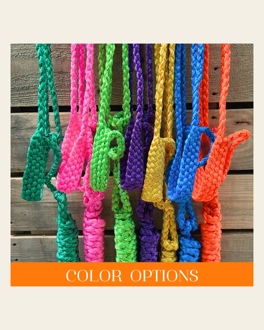 Mule Tape Halters - Assorted Colors- on a warm cream background