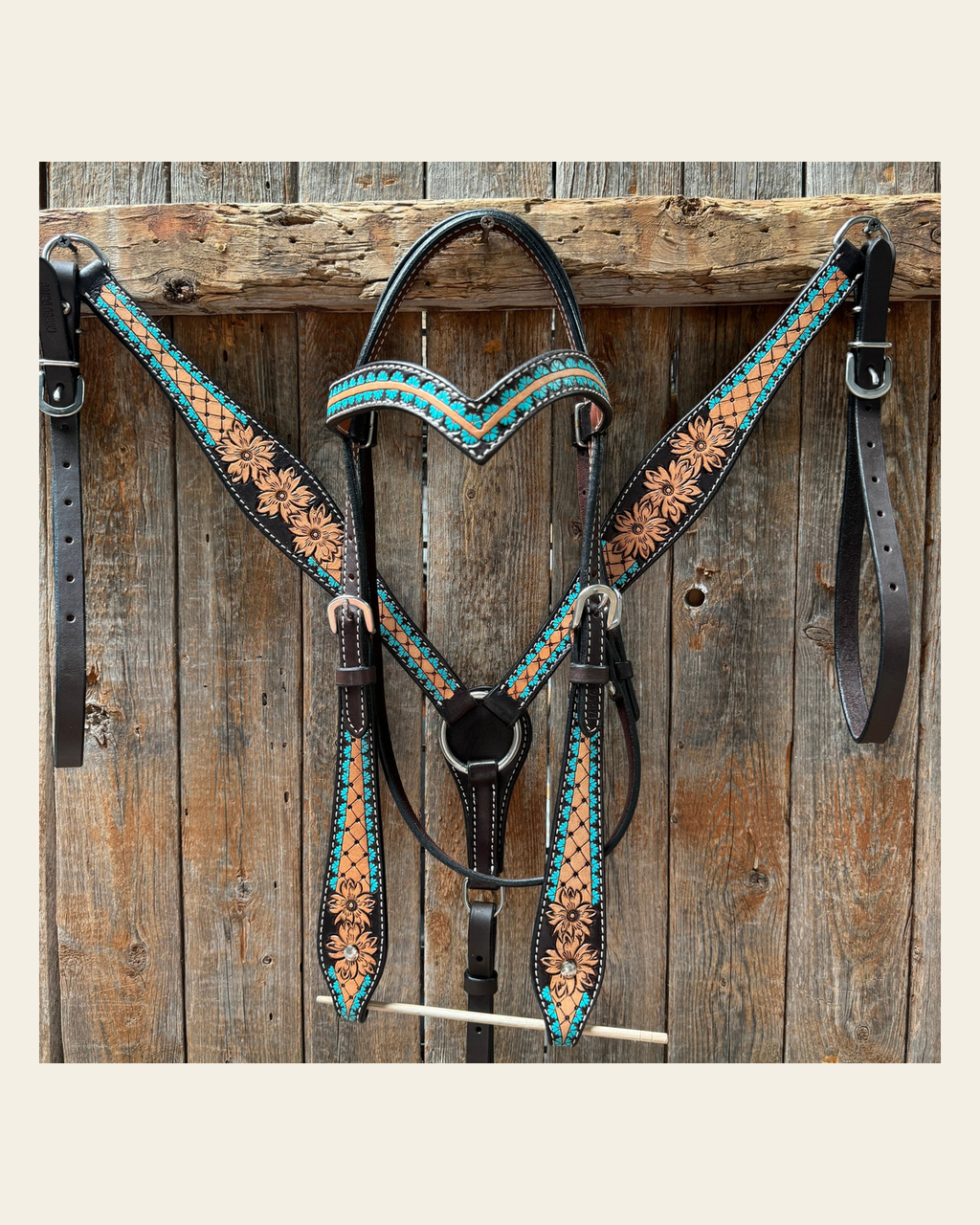 Multi Flower Browband / One Ear Headstall and Breastcollar Tack Set on a warm cream background