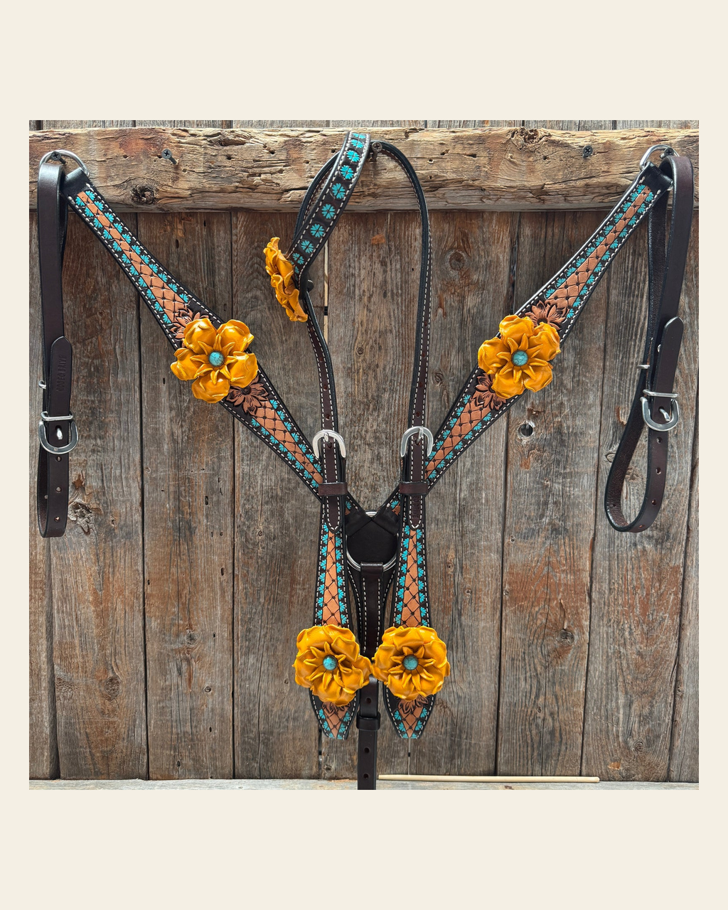 Multi Flower Gardenia & Turquoise One Ear - Breastcollar Tack Set #OEBC455 on a warm cream background