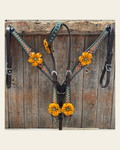 Multi Flower Gardenia & Turquoise One Ear - Breastcollar Tack Set #OEBC455 on a warm cream background