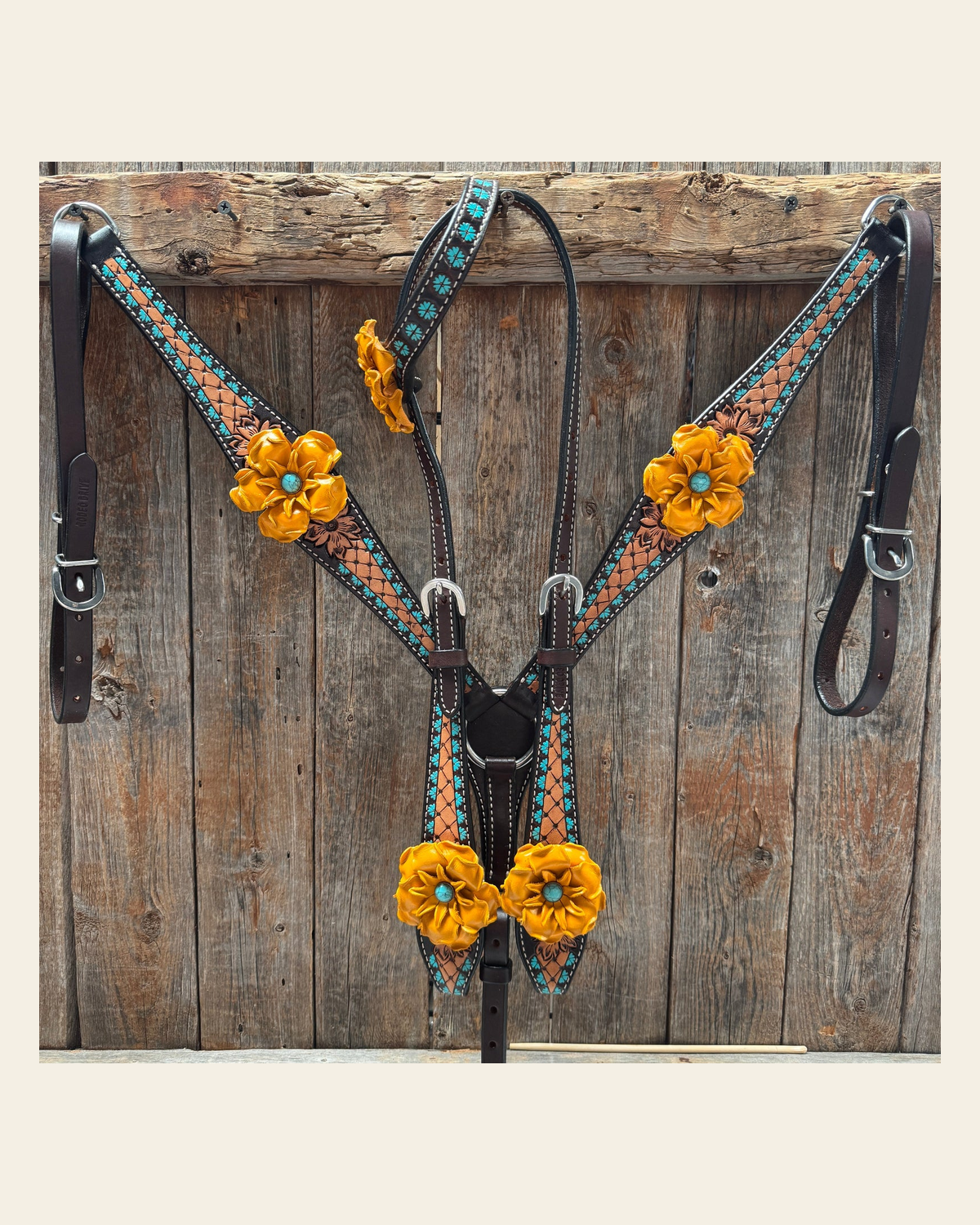 Multi Flower Gardenia & Turquoise One Ear - Breastcollar Tack Set #OEBC455 on a warm cream background