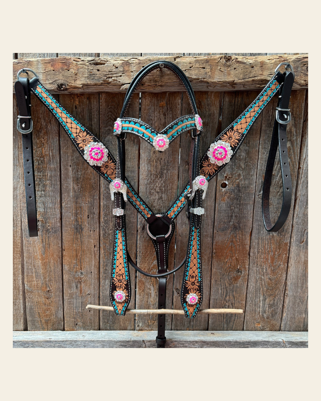 Multi Flower Hot Pink Browband / One Ear - Breastcollar Tack Set #BBBC647 on a warm cream background