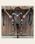 Multi Flower Hot Pink Browband / One Ear - Breastcollar Tack Set #BBBC647 on a warm cream background