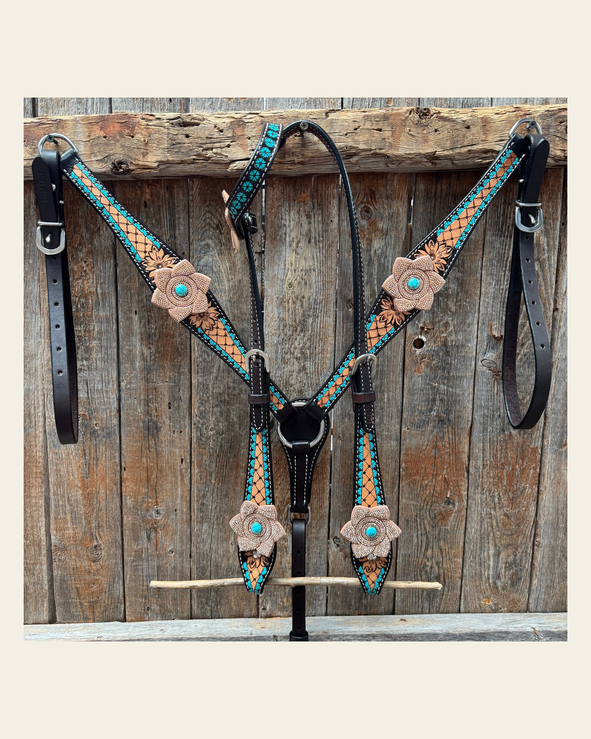 Multi Flower Bling & Turquoise One Ear - Breastcollar Tack Set #OEBC651 on a warm cream background