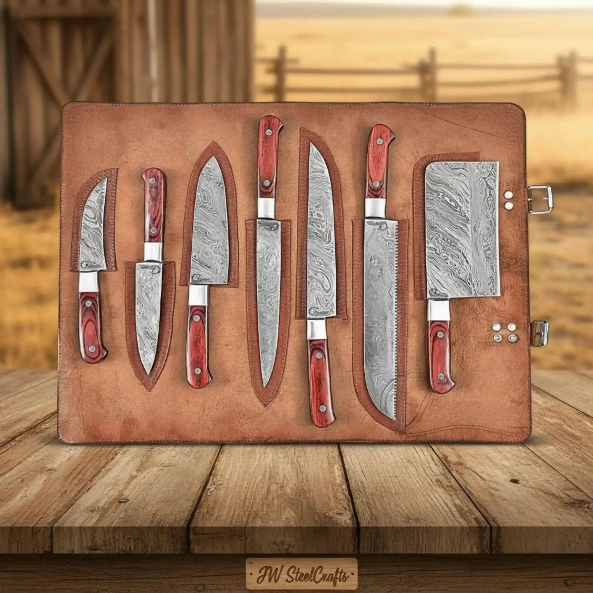 7-Piece Damascus Multi-Knife Set with Bread Knife, Cleaver & Skinner — Red Hardwood Handles, Steel Bolsters & Leather Travel Roll | JW Steel Crafts