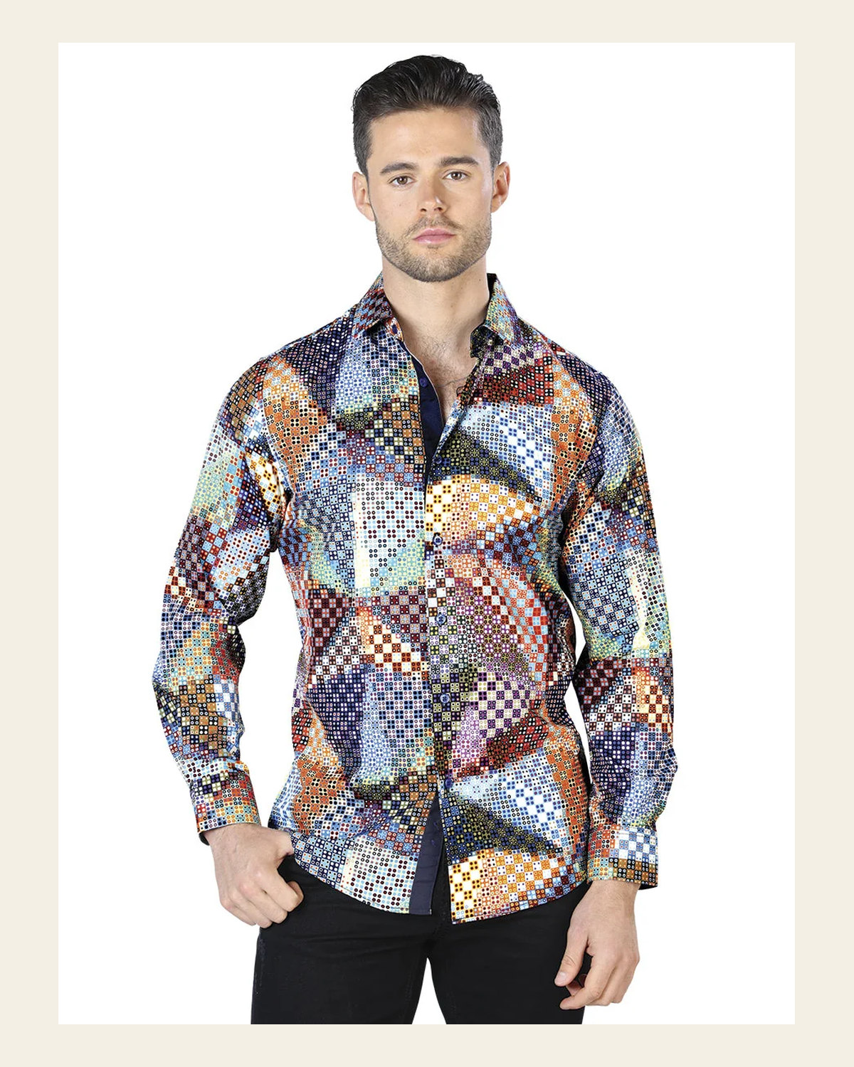 Multicolor Casual Long Sleeve Shirt 44045 on a warm cream background