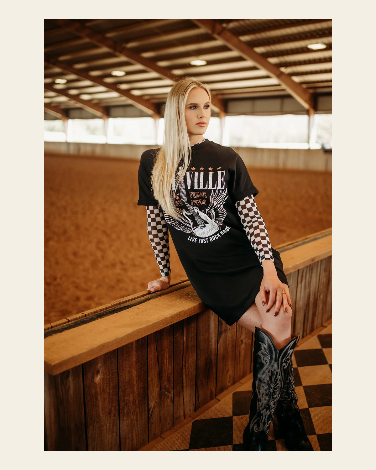 Nashville Music Tour Black T Shirt | Dress on a warm cream background