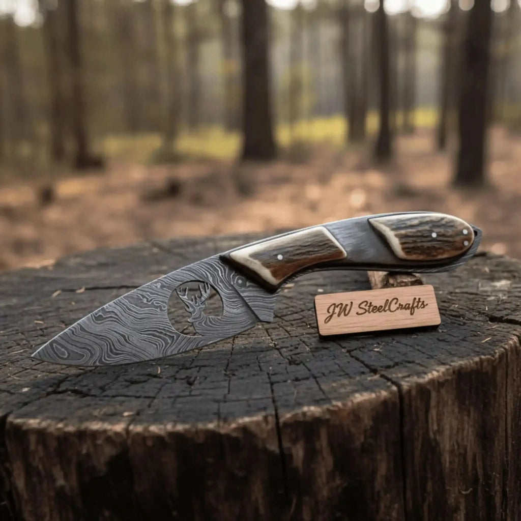 Damascus Skinner Knife Stag Handle 6.5” Fixed Blade