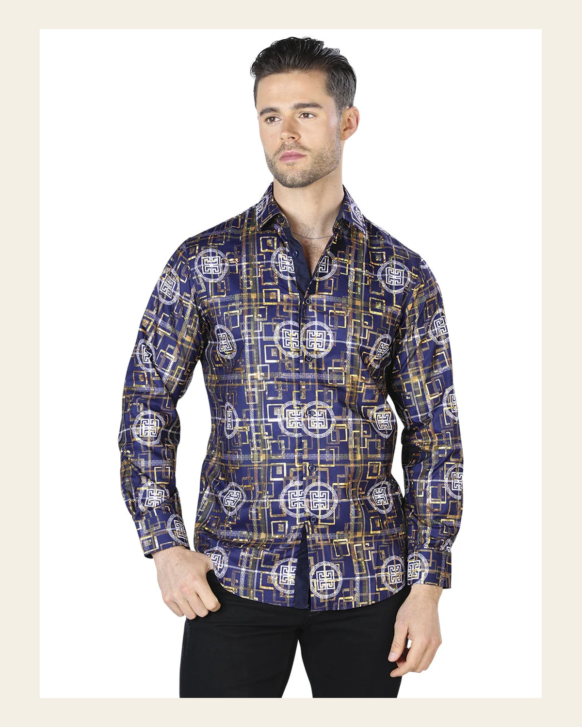 Navy And Gold Casual Long Sleeve Shirt 44014 on a warm cream background